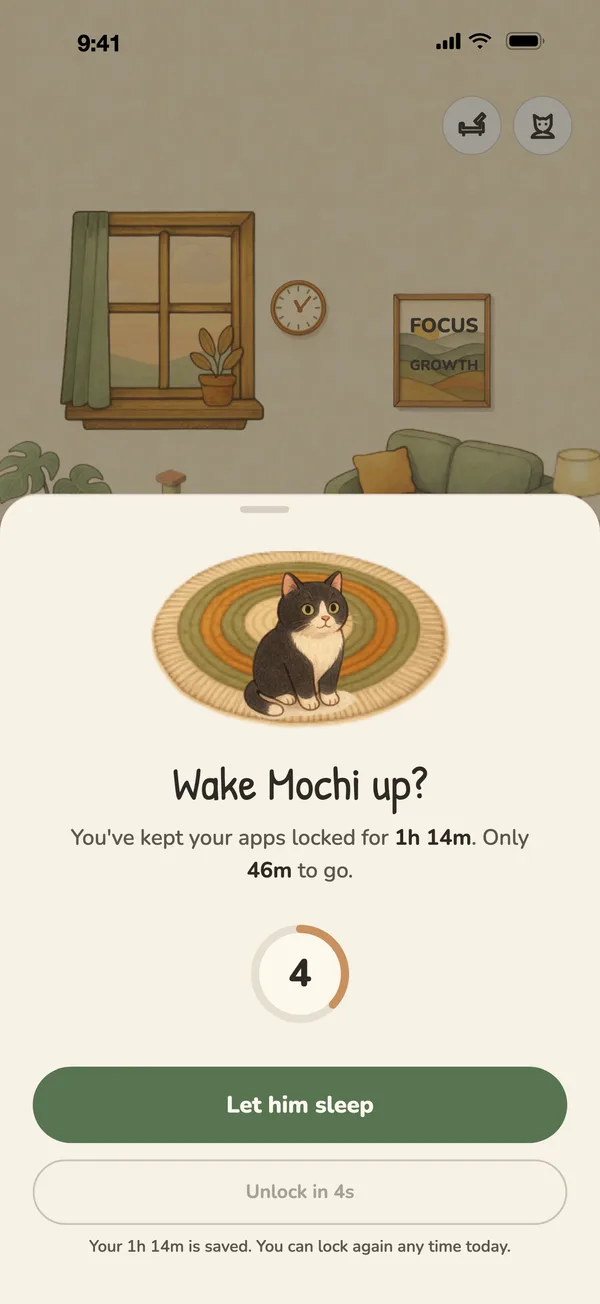 Unlock sheet asking 'Wake Mochi up?' with a 'Let him sleep' button