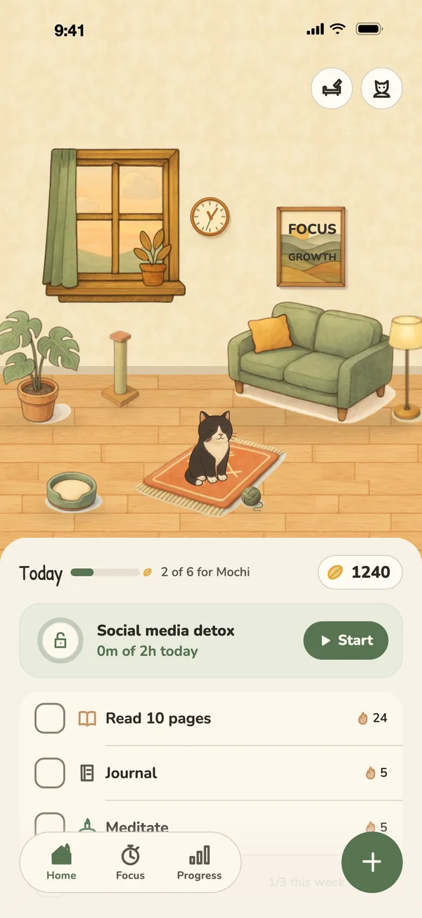 Home screen with today's habits under the cat's room