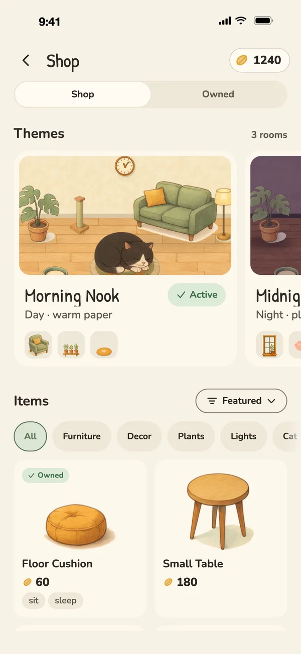 Shop with room themes and furniture priced in beans